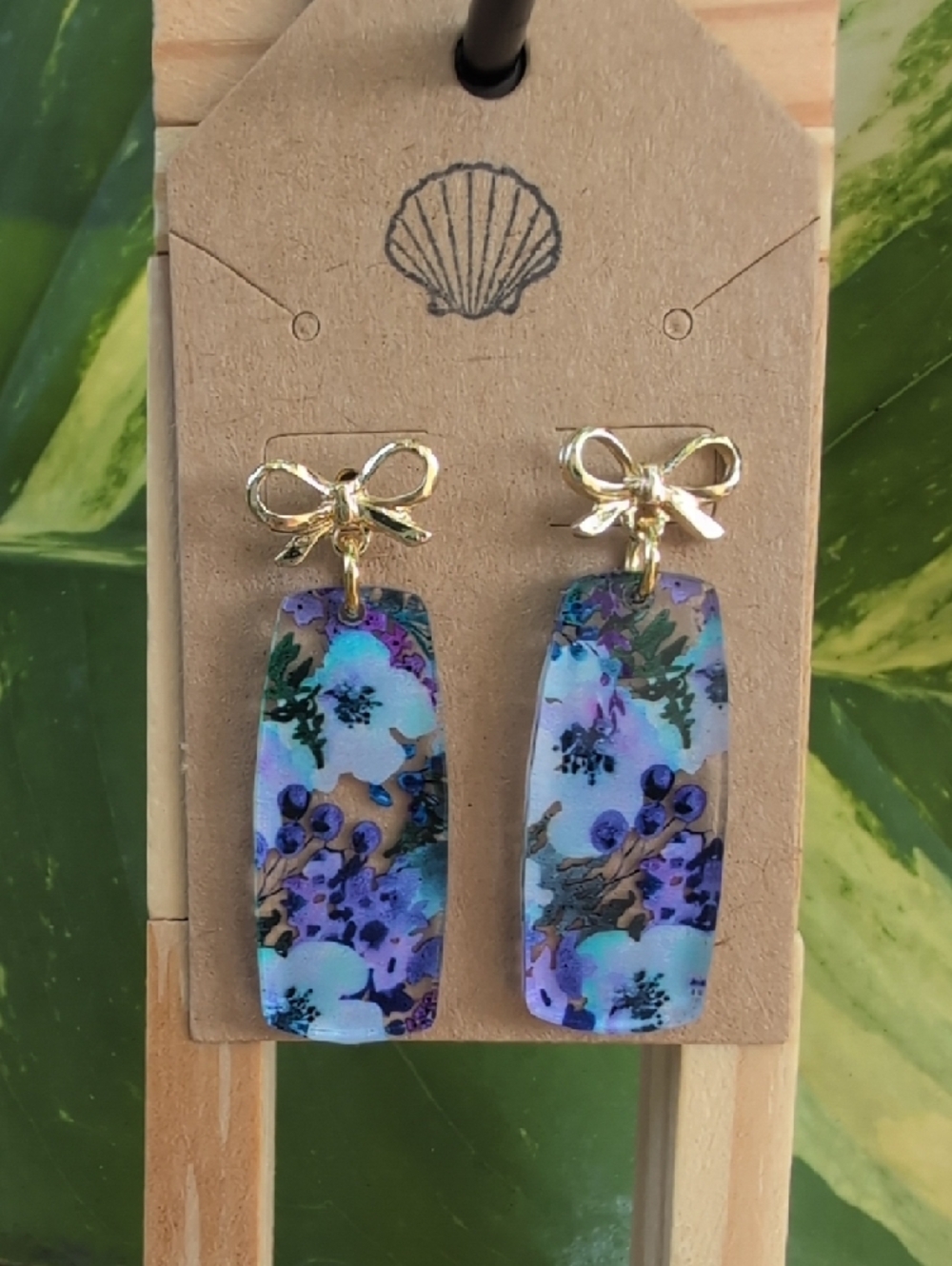 Gold Bow Purple Floral Drop Earrings - Women Jewelry
